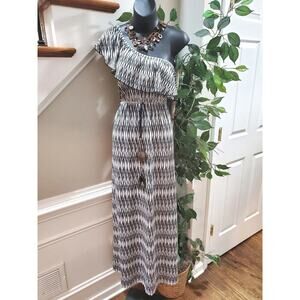 New Directions Women Black & White Polyester One Shoulder Off Long Maxi Dress L